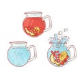 Vector ice tea drink fruits and berries brew process. Make and pour in transparent jug cold aromatic beverage. Sketch