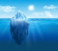 Vector iceberg floating in blue ocean with sun and clouds in the