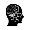Vector icon of AI brain integrated into human head isolated on black background Royalty Free Stock Photo
