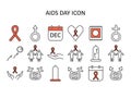 Vector icon on AIDS DAY. Ribbon, condom, love, couples, etc