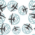 Vector icon airplane flying around the globe seamless pattern on a white background Royalty Free Stock Photo
