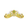 Vector icon of beautiful princess tiara decorated with blue and green gemstones. Shiny golden crown. Accessory of queen Royalty Free Stock Photo