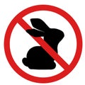 Vector icon with a black silhouette of a hare in a prohibition sign. Cosmetics without testing on animals. Forbidden to hunt