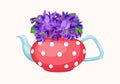 Bouquet of violets in teapot. Vector illustration.