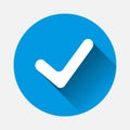 Vector icon check on blue background. Flat image mark with long