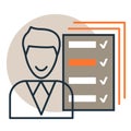 Vector icon of checklist review, survey report with checkboxes and happy person. Flat line design style