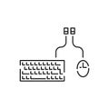 Vector icon of a computer mouse and keyboard with a wire. Editable stroke Royalty Free Stock Photo
