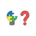 Vector icon concept of three pieces light bulb puzzle missing piece with question mark. Black outlines and colored