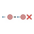 Vector icon concept of bulls eye and dart miss target with x mark