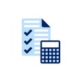 vector icon concept of calculator and checklist document for tax accounting and auditing. Can be used for accounting, economics