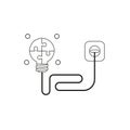 Vector icon concept of glowing four part puzzle light bulb with cable plugged into outlet. Black outline