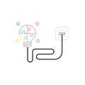 Vector icon concept of glowing four part puzzle light bulb with cable plugged into outlet Royalty Free Stock Photo