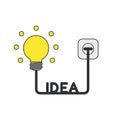 Vector icon concept of glowing light bulb with idea cable abd plug plugged into outlet. Black outlines and colored