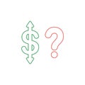 Vector icon concept of dollar symbol with arrow pointing up and down and question mark Royalty Free Stock Photo