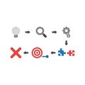 Vector icon concept of grey light bulb bad idea, magnifying glass, gears, incompatible jigsaw puzzle pieces, bulls eye and dart in