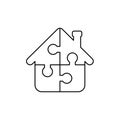 Vector icon concept of house shape four puzzle pieces connected. Black outline Royalty Free Stock Photo