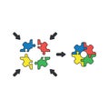 Vector icon concept of jigsaw puzzle pieces shaped gear connected. Black outlines and colored Royalty Free Stock Photo