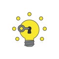 Vector icon concept of key unlocking light bulb idea glowing. Black outlines and colored Royalty Free Stock Photo