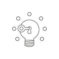 Vector icon concept of key unlocking light bulb idea glowing. Black outline Royalty Free Stock Photo