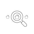 Vector icon concept of look for house with magnifying glass. Black outline