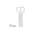 Vector icon concept of love key reach keyhole in heart with wooden ladder. Black outline