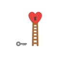 Vector icon concept of love key reach keyhole in heart with wooden ladder