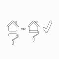 Vector icon concept of painting house with paint brush roller from blue to yellow color and check mark Royalty Free Stock Photo