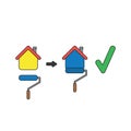 Vector icon concept of painting house with paint brush roller from blue to yellow color and check mark Royalty Free Stock Photo