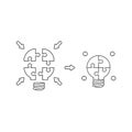 Vector icon concept of puzzle pieces light bulb unite and glowing and coloring. Black outline