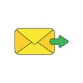 Vector icon concept of send message or email with envelope and arrow moving right. Black outlines and colored