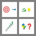 Icon concept set. Bulls eye and dart, slaes chart up with light bulb idea, dollars growing on stairs and light bulb puzzle with Royalty Free Stock Photo