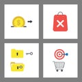 Icon concept set. Dollar coin into moneybox hole, shopping bag and x mark, key opened folder, bullseye and dart hit the target Royalty Free Stock Photo