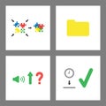 Icon concept set. Puzzle pieces connecting, closed folder, sound up and clock into moneybox hole Royalty Free Stock Photo