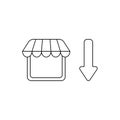 Vector icon concept of shop stpre with arrow moving down. Black outline Royalty Free Stock Photo