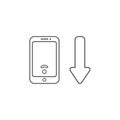 Vector icon concept of smartphone with low wireless wifi signal and arrow moving down. Black outline