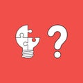 Vector icon concept of three connected light bulb puzzle, missing piece with question mark