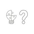 Vector icon concept of three pieces light bulb puzzle missing piece with question mark. Black outline