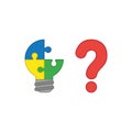 Vector icon concept of three pieces light bulb puzzle missing piece with question mark