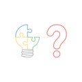 Vector icon concept of three pieces light bulb puzzle missing piece with question mark