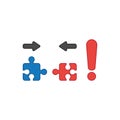 Vector icon concept of two pieces of jigsaw puzzle pieces that are incompatible with each other and red exclamation mark