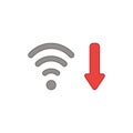 Vector icon concept of wifi wireless with arrow moving down symbolizing bad, slow internet connection