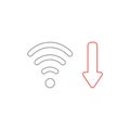 Vector icon concept of wifi wireless with arrow moving down symbolizing bad, slow internet connection