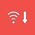 Vector icon concept of wifi wireless with arrow moving down symbolizing bad, slow internet connection