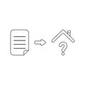 Vector icon concept of written paper and question mark under house roof. Black outline