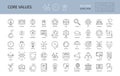 Vector icon core values. Set 50 icons with editable stroke. Values of business company and person. The logic of imagination