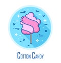 Vector icon with cotton candy in a coloured circle. Banner for fast food. Thin line flat design