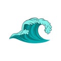 Vector icon of curling sea wave. Blue ocean water. Line art colorful illustration. Aqua theme