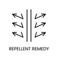 A vector icon of diagonal opposing arrows separated by a barrier, representing a repellent remedy, with an editable
