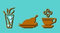 Vector icon flat glass with spoon, chicken on plate and coffee with smoke isolated.