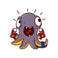 Vector icon of funny screaming octopus with pair of sneakers and one slipper on tentacles. Cartoon character